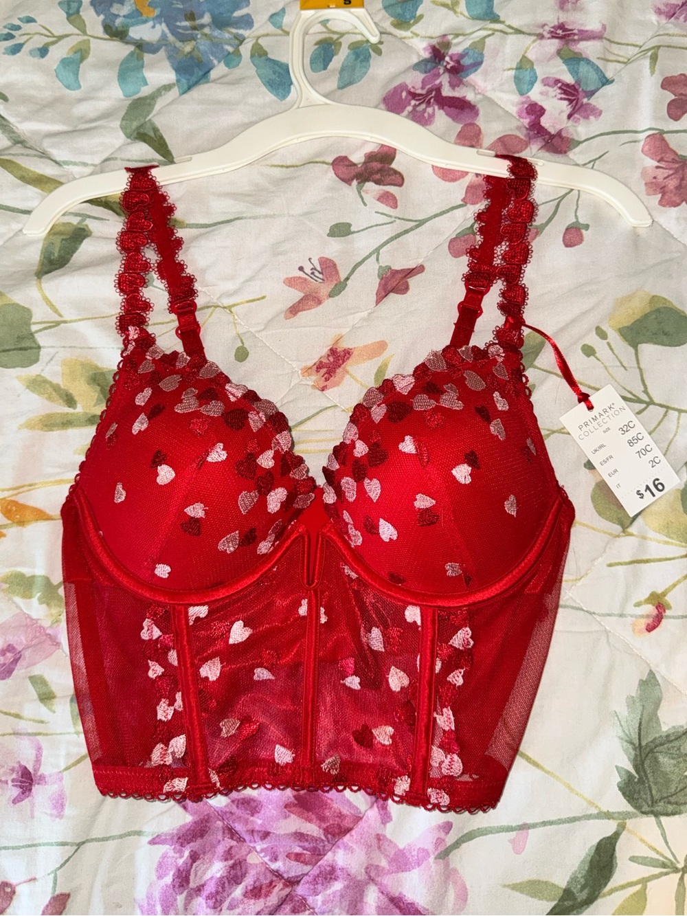 Primark Red Heart Embroidered Longline Bustier Bra NWT 32C